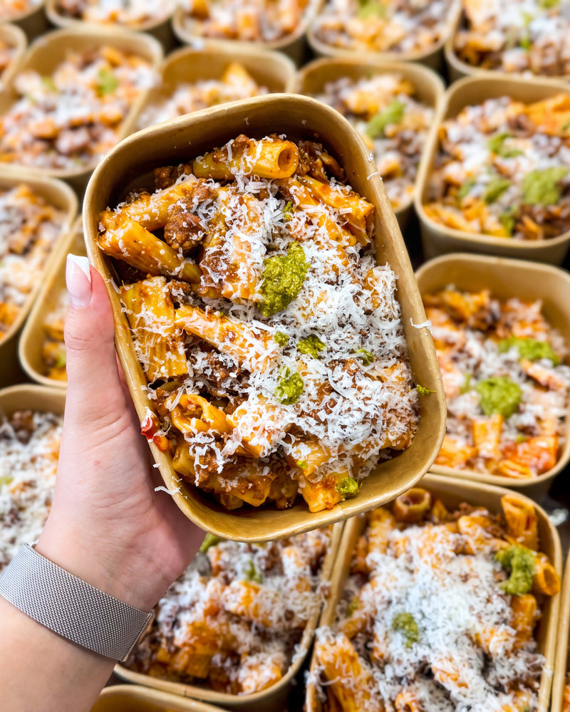 Classic Beef Bolognese – beef bolognese over penne with grated cheese, JKitchen meal prep