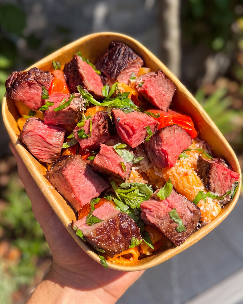 Steak Mascarpone – seared steak over pasta in a tomato mascarpone sauce, JKitchen meal prep