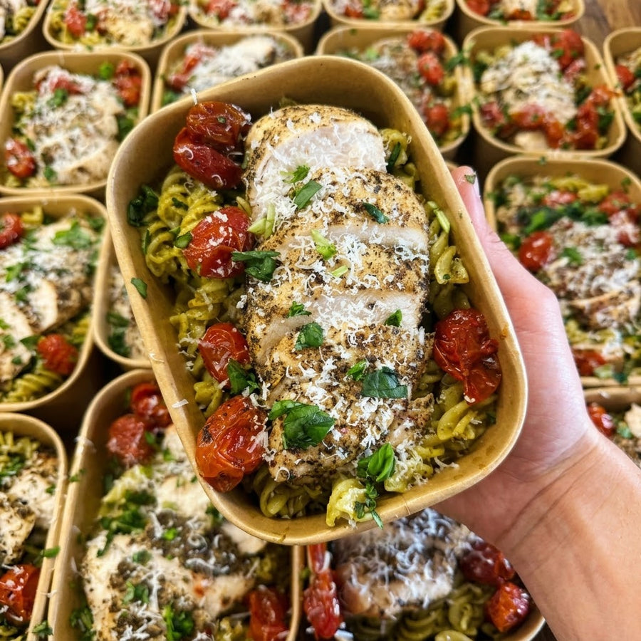 Chicken Pesto Fusilli – roasted chicken over basil pesto fusilli, JKitchen meal prep