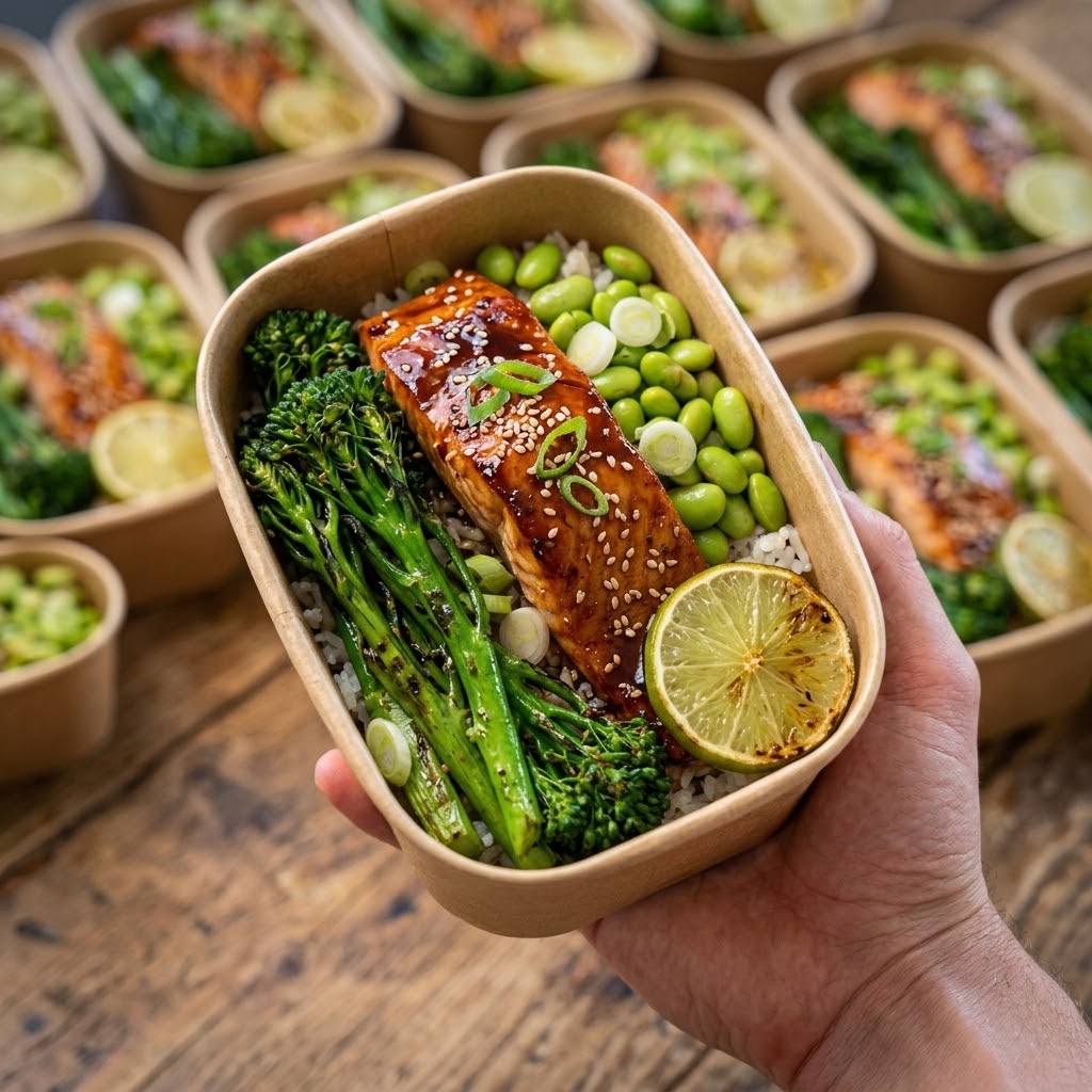 Sweet Soy Salmon – baked salmon with rice, broccoli and edamame, JKitchen meal prep